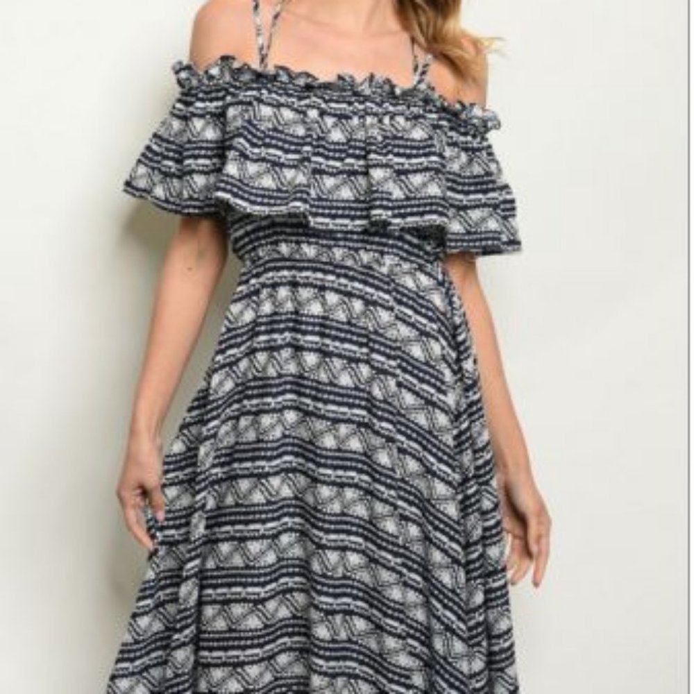 Navy Printed Off-Shoulder Knee Length Dress.
